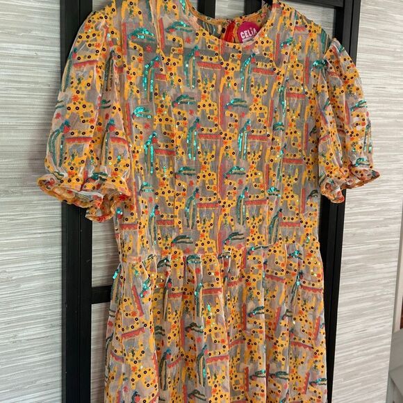 CeliaB sequins mustard green fun abstract  cat print maxi dress L sheer - Picture 4 of 8